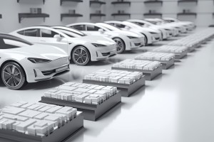 electric cars with pack of battery cells module on platform in a row.Generative AI